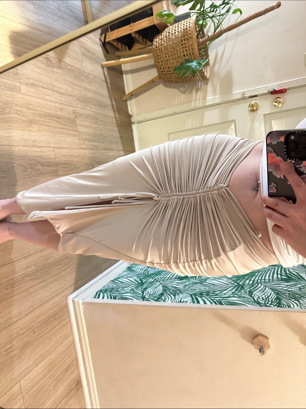 Ruched Beige Midi Skirt with Side Drawstring